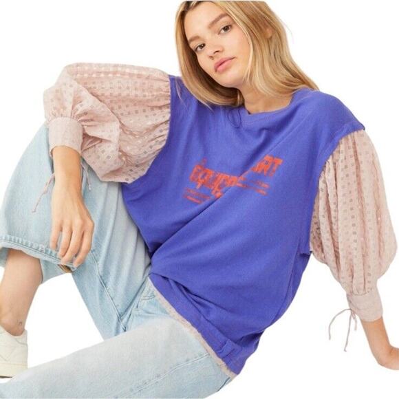 Free People Just Met Tee L Blue Sport Combo Long Sleeve Retro Graphic Ruffle NWT - Picture 1 of 16